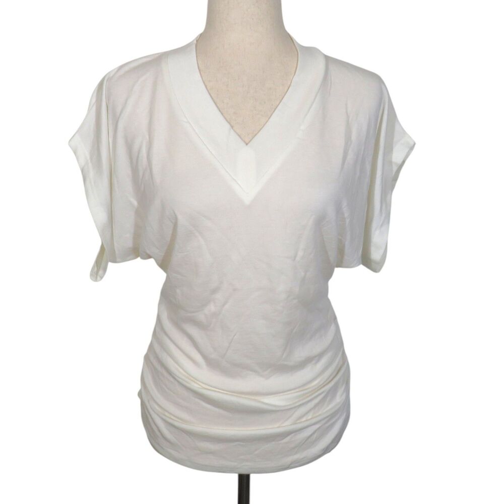 OGL Semi-sheer Lyocell Cashmere Blend V-neck Short Sleeve Side Ruched Tee Size L